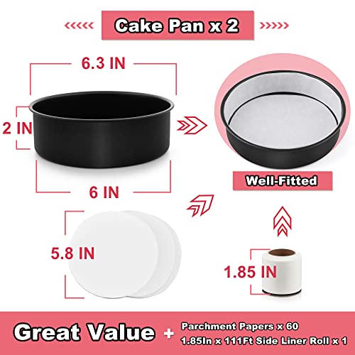 E-far 6 Inch Stainless Steel Nonstick Cake Pans Set of 2 with Parchment Paper & Liner