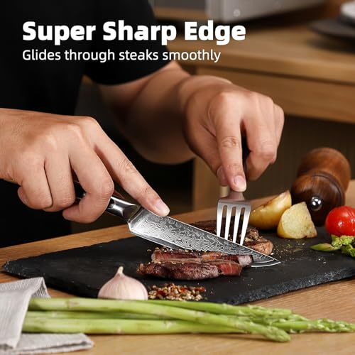 Sunnecko Damascus VG10 Steak Knives Set of 6, 5 Inch G10 Handle