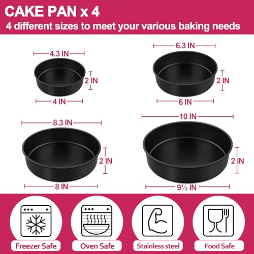 E-far 4-Piece Nonstick Cake Pan Set (4" / 6" / 8" / 9.5") - Stainless Steel Core, 2" Deep, Black