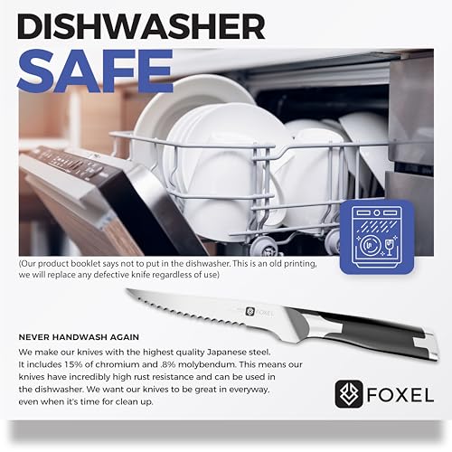 FOXEL Serrated Steak Knives Set of 8 - Dishwasher Safe, Rust Resistant VG10 Blade