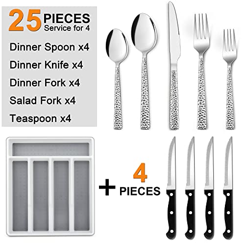 Stainless Steel 24-Piece Silverware Set with Steak Knives & Organizer, Dishwasher Safe