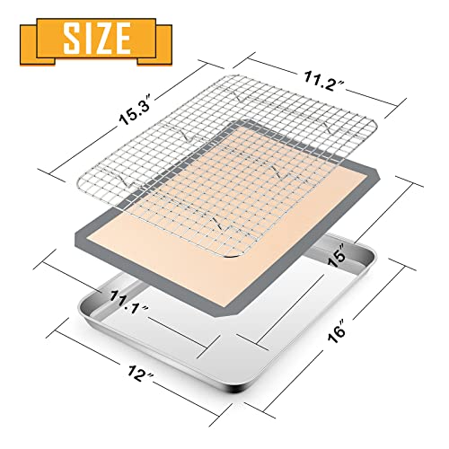 E-far 16”x12” Stainless Steel Cookie Sheet with Rack & Silicone Mat - Dishwasher Safe
